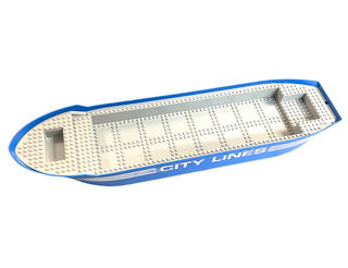 Boat, Hull Unitary 74 x 18 x 7 with Light Bluish Gray Top with White Stripes and 'CITY LINES' Pattern on Both Sides (Stickers), Part# 57789c01pb01 Part LEGO® Very Good  