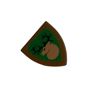 Minifigure Shield Triangular Short with Forestmen Elk/Deer Head on Green Background Pattern, Part# 3846p48 Part LEGO® Brown Very Good