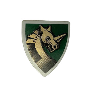 Minifigure, Shield Triangular Short with Gold Armored Horse (Unicorn) on Dark Green Background Pattern, Part# 3846pb020 Part LEGO®