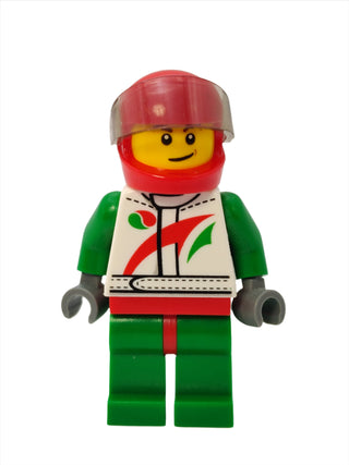 Race Car Driver - White Racing Suit with Octan Logo and Crooked Smile with Brown Dimple, cty0389a Minifigure LEGO®   