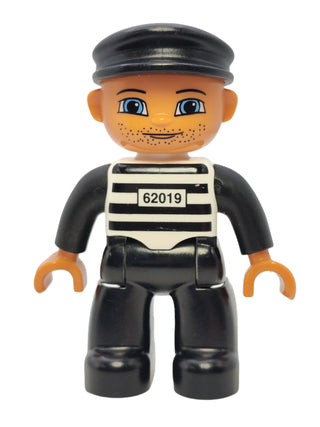 Duplo Figure Male Prisoner - Black and White Striped Shirt with '62019', 47394pb035 Minifigure LEGO®   