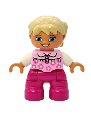 Duplo Figure Girl - Bright Pink Top with Flowers and Braids, 47205pb028 Minifigure LEGO®   