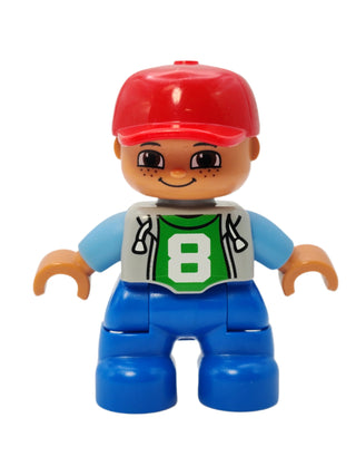 Duplo Figure Boy - Light Bluish Gray Top with Number 8 and Freckles, 47205pb026 Minifigure LEGO®   