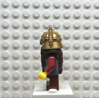 Fantasy Era, Dwarf, Dark Brown Beard, Metallic Gold Helmet with Wings, Dark Red Arms, Smirk and Stubble Beard, cas356 Minifigure LEGO®   